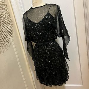 Vintage 80s Shiny Gold Polkadot Sheer Mesh Overlay Ruffle Black Dress